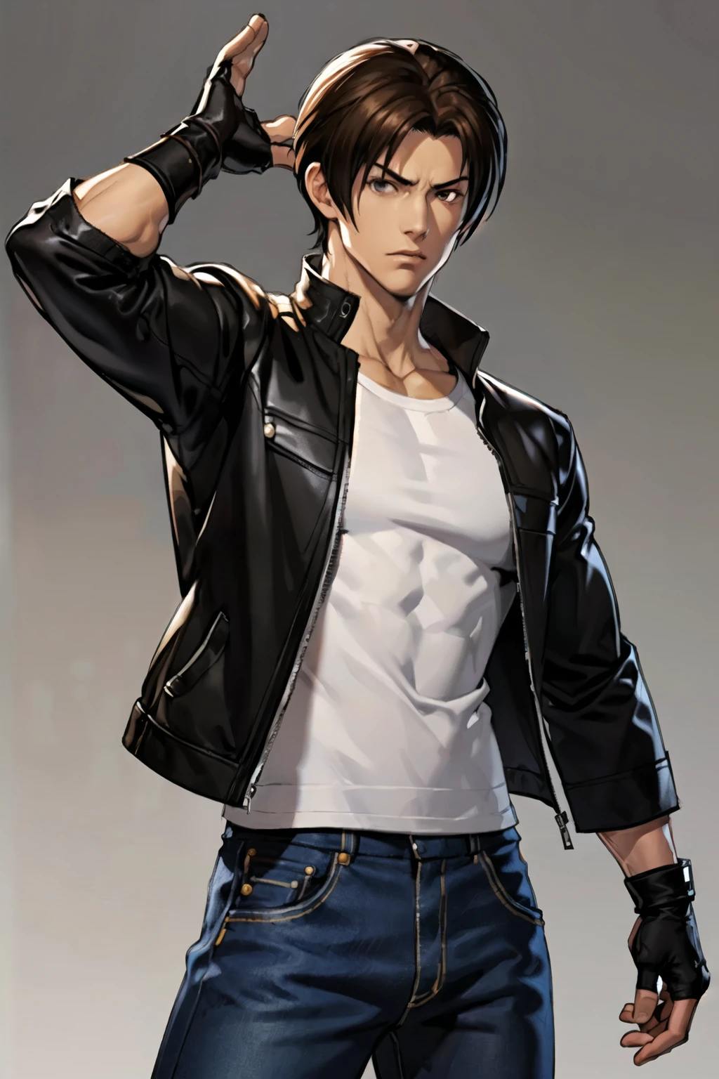 Kusanagi Kyo, NestKyo, KoF 2002, The King of fighters 2002, Kusanagi Kyo 2002, white jacket, Black t-shirt, Cross t-shirt, jeans, fingerless gloves, brown hair