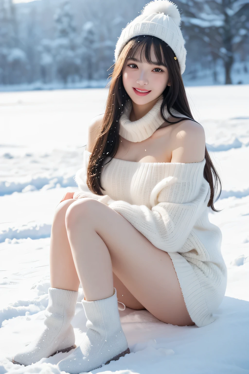kalina, 8k raw photo, realistic, sunlight, glittering skin, big tits, photoshot, snowing, sexy, snow field in the background, double eyed lids, sweater, pink lips, bangs, long scarf, white wool sweater, off the shoulder, mini skirt, snow boots, full body shot, smile