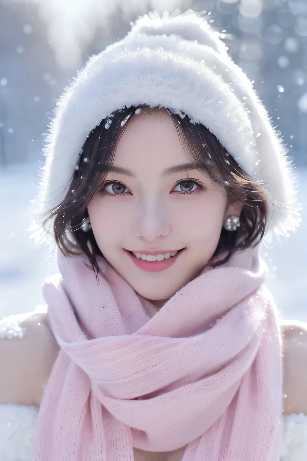 kalina, (realisticlying, high resolucion;:1.3), 1 girl with a perfect body, super fine face and eyes,wolf cut hair, in the snow, smiling a little, big tits, double eyelids, cute, close up camera, light pink lips. small diamong earings. long scarf