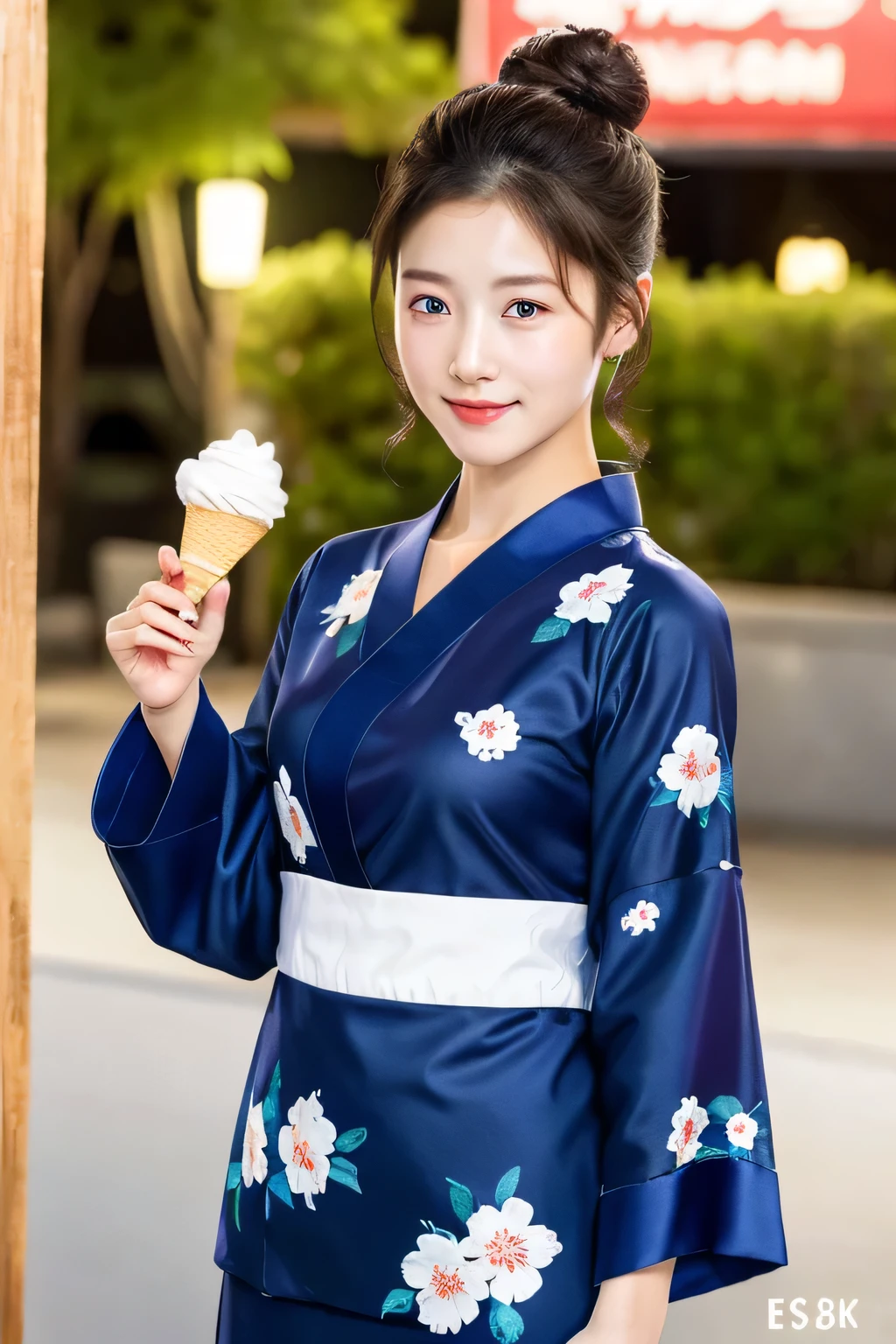 ((masterpiece、highest quality、super fine、High resolution))、alone、beautiful girl、shining eyes、perfect eyes、Japan's beautiful sister、Yukata with white floral pattern、Full body Esbian、Are standing、eat soft serve ice cream、bun hair、night background、High level image quality、4K.