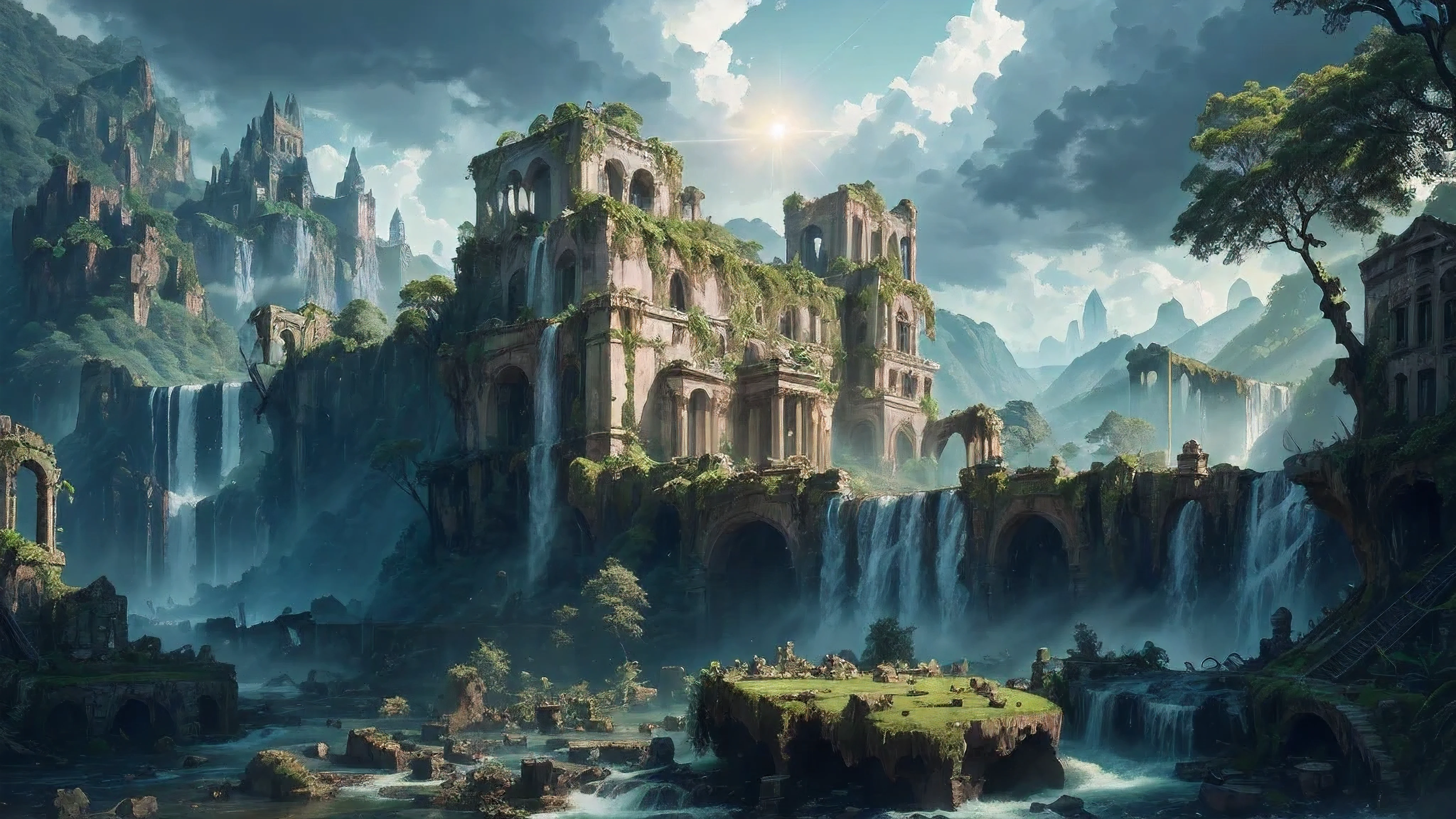 tem uma cachoeira no meio de uma montanha com um castelo ao fundo, estilo andreas rocha, ruins landscape, ancient ruins and waterfalls, Ancient magical ruins covered in vegetation, Arte digital altamente detalhada em 4k, Arte de fantasia 4k, inspirado em Andreas Rocha, ancient overgrown ruins, impressionante paisagem de fantasia, ornate city ruins, arte de fantasia de motor irreal