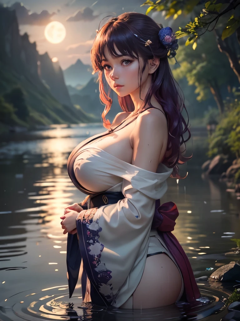 1girl, moon, lantern, night, solo, huge breasts, hair ornament, wet, kimono, micro bikin, wading, water, outdoors, sky, full moon, rain, purple eyes, red hair, noble queen, mountain, cloud, holding, sash, bare shoulders, paper lantern, standing, noble outfit, night sky, huge sideboob, wet clothes, bangs, tree, from side, reflection, medium hair, cloudy sky, wet hair (((masterpiece),(extremely detailed CG unity 8k wallpaper),best quality,,solo,1girl,cinematic lighting,detailed background,beautiful detailed eyes,bright pupils, (an extremely delicate and beautiful),(Beautiful and detailed eye description)， ultra-detailed,masterpiece,)),