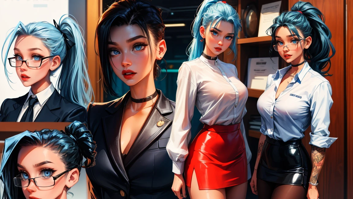 ((Masterpiece, Highest quality)), Detailed face, (character design sheet), full bodyesbian, Full of details, frontal body view, back body view, Highly detailed, Depth, Many parts, Multiple poses and expressions (young woman with ponytail blue hair) (light blue eyes), 20 years old, dominant gorgeous girl, same character, muscle body, (woman pale skin), swedish woman, evil smile, red lips, (business suit), girl tall, choker, (Sexy Office Lady ), tattoos, glasses, short black skirt, white shirt, pantyhose, large breast