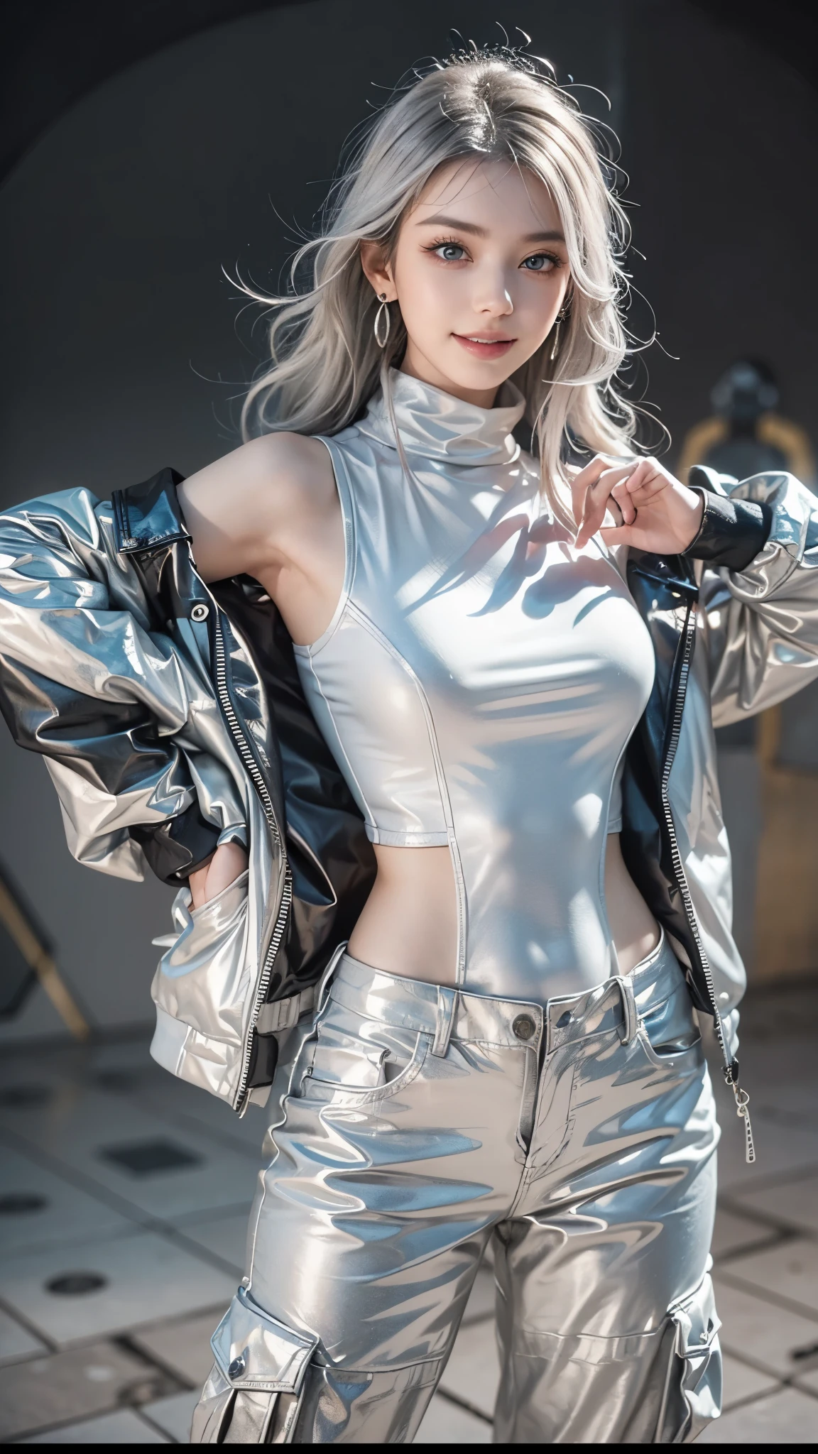 (Realistic:1.2), (fashion portrait:1.6), (brand collection, fashion brand theme:1.6), (detailed, beautiful, masterpiece, best quality:1.2), _ BREAK (1girl:1.2), 22 years old, 160 cm, Japanese cute model, Tightened all body, large , small head, small face, diamond Face, small nose, Sharp Faceline, Detailed face, Detailed eyes, young hands and fingers, beautiful hands and fingers, five fingers, _ BREAK (happy, smile, Glossy Lips:1.3), (Light color lips, Half open mouth, beautiful Teeth:1.2), (dropy eyes, Double eyelid, light color eyes, Shiny eyes:1.5), Shiny skin, _ BREAK (arranged hairstyle:1.4), (gray hair, shiny hair, _ BREAK (gray background:1.4), mist, fog _ BREAK (wide angle:1.4), (standing, fashion model pose, hand in pocket:1.4), focus face, from below, (from front white lightning:1.4), BREAK (Cyberpunk and onepiece and onepiece fusion:1.3), ((wear an oversized black wool turtleneck with rubberized surface) for a luxurious, futuristic, poncho, nylon, and Breaker feel:1.2),(Complex simple maximum poncho:1.2), (Cylindrical poncho:1.2), (A lot of cloth:1.2), (large sleeves:1.2), (7/8 length:1.2), (over sized baggy leather jacket:1.2),(simple yet cyberpunk-themed design:1.3), BREAK (white cargo pants:1.2), (edgy and versatile:1.2),(silver earrings:1.2),