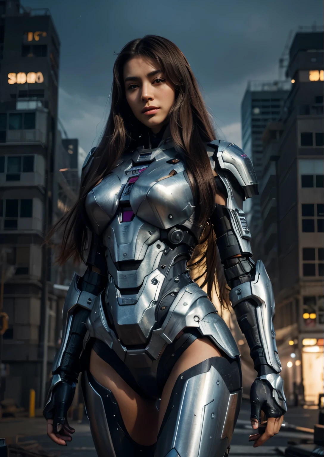 Textured skin, Super Detail, high details, High quality, Best Quality, hight resolution, 1080p, hard disk, Beautiful,(War Machine),beautiful cyborg woman,Mecha Cyborg Girl very very very long hair brown or black very silky rapunzel, Battle Mode,Girl with a Mecha Body,She wears a futuristic war machine weapon mech,Fulll body Shot, purple
