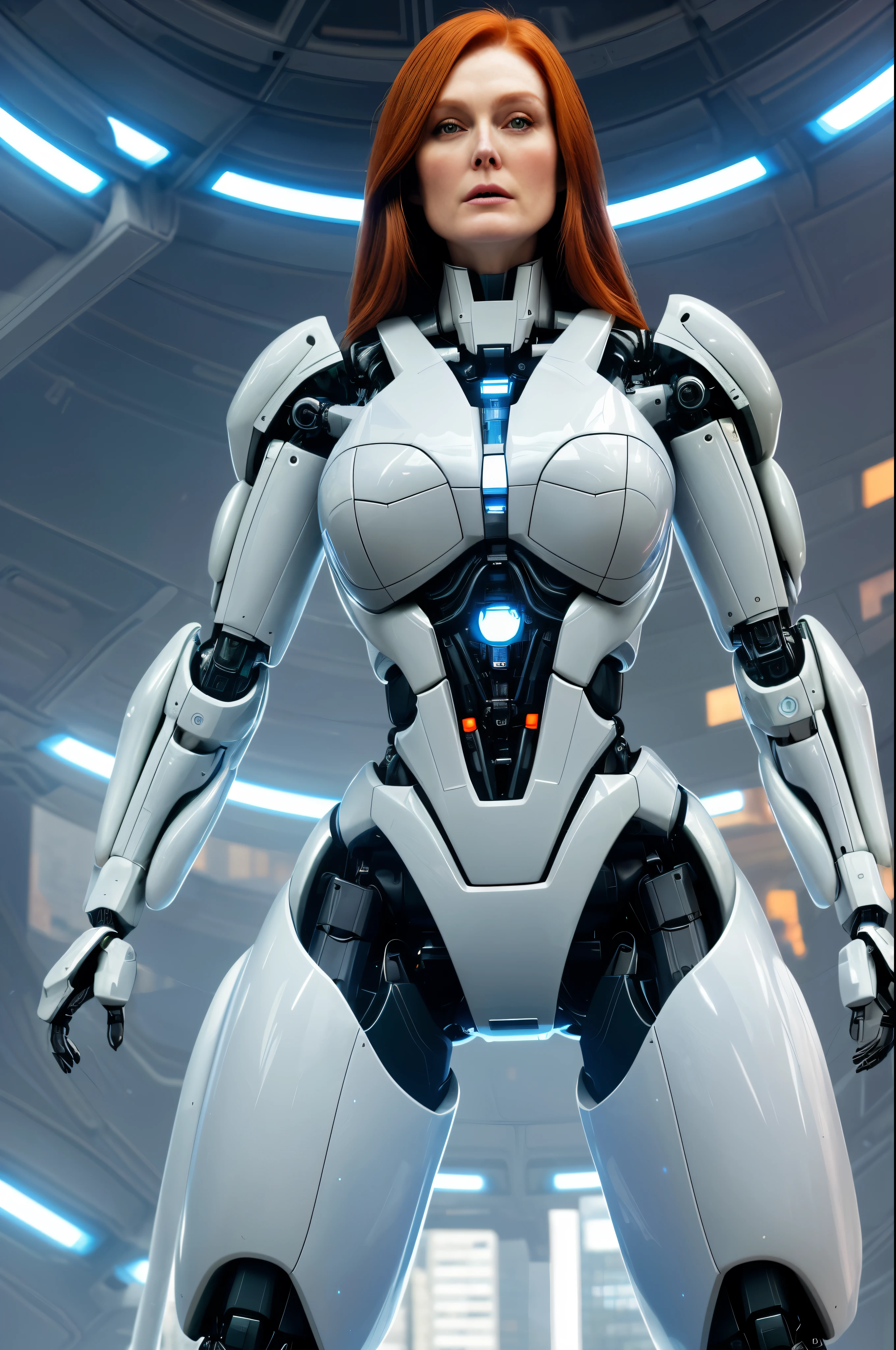 Looks like Julianne Moore, heavy physique, Translucent ethereal mechanical girl，Futuristic girl，Mechanical joints，mecha-girl，futuristic urban background, humanoid robot, woman robot, human like skin, not fully mechanical body, 70 percent body like a real woman, 