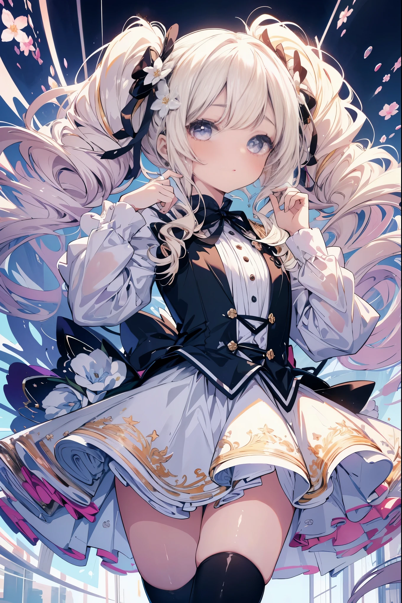 highest quality, masterpiece, long eyelashes, Sparkly eyes, Fluffy mini skirt, Fluffy curly hair, twin tails, platinum blonde hair, ribbon, flower, 舞い散るflowerびら, cute,