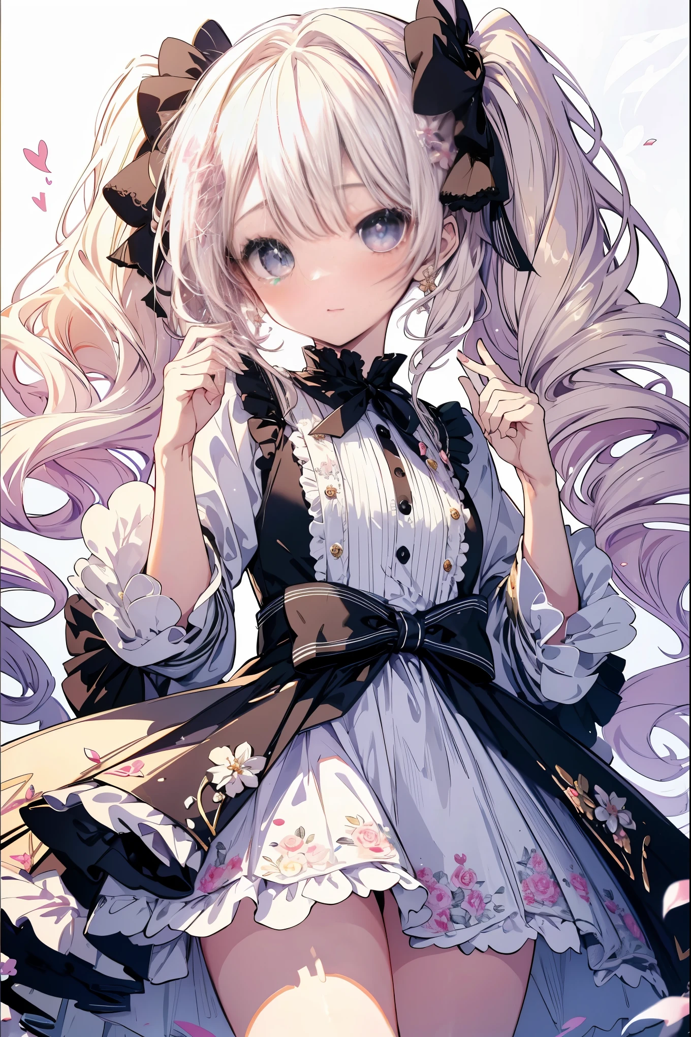 highest quality, masterpiece, long eyelashes, Sparkly eyes, Fluffy mini skirt, Fluffy curly hair, twin tails, platinum blonde hair, ribbon, flower, 舞い散るflowerびら, cute,