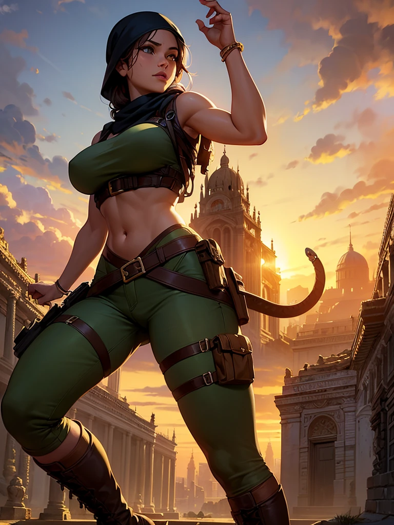 (a beautiful detailed illustration of) a sexy busty Malaysian Lara Croft wearing a hijab and a sexy explorer outfit, investigating an ancient Gold City at sunset, with a panoramic view of the city in the background. The city is adorned with intricate gold architecture, towering buildings, and winding streets. The setting sun casts a warm golden glow over the scene, creating a mesmerizing atmosphere. The focus is on Lara Croft, showing her from head to toe. She has captivating eyes that are sharp and filled with determination. Her lips are perfectly defined, adding a touch of sensuality to her appearance. Her face is flawlessly detailed, with every contour and expression expertly rendered. Her eyes are accentuated with long eyelashes that flutter with every movement. Lara Croft is wearing a hijab, symbolizing her cultural heritage and adding a unique element to her character. Her explorer outfit is fashionable and functional, consisting of a form-fitting top, cargo pants with plenty of pockets, and sturdy boots suitable for rugged terrains. As Lara explores the ancient Gold City, she encounters giant snakes slithering through the ruins. These serpents are magnificent in size, winding their way through the crumbling structures, adding an element of danger and adventure to the scene. Their scales are depicted with incredible detail, shimmering in various shades of gold and copper in the sunset light. The overall image quality is of the highest standard, with ultra-detailed artwork that captures every intricate detail of Lara, the Gold City, and the giant snakes. The rendering is photorealistic, bringing the scene to life with vivid colors and a sharp focus. The lighting is designed to create a dramatic atmosphere, showcasing the beauty and mystery of Lara's exploration.