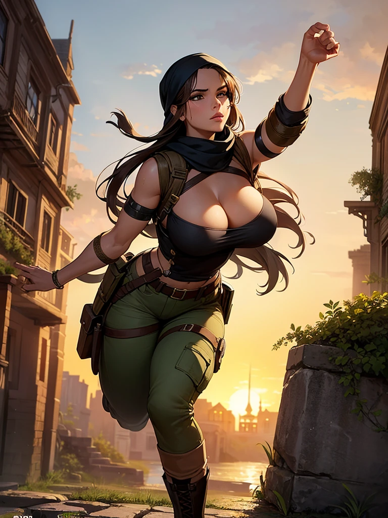 (a beautiful detailed illustration of) a sexy busty Malaysian Lara Croft wearing a hijab and a sexy explorer outfit, investigating an ancient Gold City at sunset, with a panoramic view of the city in the background. The city is adorned with intricate gold architecture, towering buildings, and winding streets. The setting sun casts a warm golden glow over the scene, creating a mesmerizing atmosphere. The focus is on Lara Croft, showing her from head to toe. She has captivating eyes that are sharp and filled with determination. Her lips are perfectly defined, adding a touch of sensuality to her appearance. Her face is flawlessly detailed, with every contour and expression expertly rendered. Her eyes are accentuated with long eyelashes that flutter with every movement. Lara Croft is wearing a hijab, symbolizing her cultural heritage and adding a unique element to her character. Her explorer outfit is fashionable and functional, consisting of a form-fitting top, cargo pants with plenty of pockets, and sturdy boots suitable for rugged terrains. As Lara explores the ancient Gold City, she encounters giant snakes slithering through the ruins. These serpents are magnificent in size, winding their way through the crumbling structures, adding an element of danger and adventure to the scene. Their scales are depicted with incredible detail, shimmering in various shades of gold and copper in the sunset light. The overall image quality is of the highest standard, with ultra-detailed artwork that captures every intricate detail of Lara, the Gold City, and the giant snakes. The rendering is photorealistic, bringing the scene to life with vivid colors and a sharp focus. The lighting is designed to create a dramatic atmosphere, showcasing the beauty and mystery of Lara's exploration.