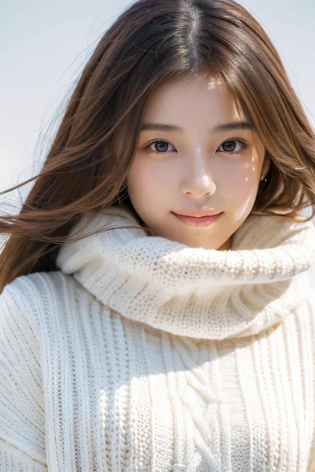 young japanese woman, 30 generations, white background, simple背景, white-brown hair, thin, 4K, In 8K, high quality, beauty, beautiful eyes, simple, High resolution,1 person,beautiful skins,beautiful skin,Wearing white knitwear,winter