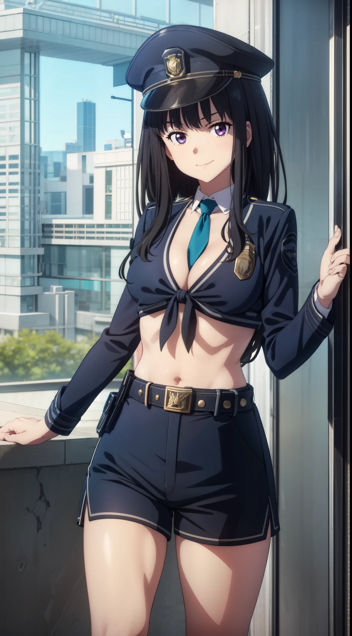 (((pixel perfect, detail perfect))), alone, 1 girl, Chisato Nishikigi, looking at the viewer, smile, Upper body、black police peaked cap, Police, cleavage, Midriffs, white shirt, front-tie top, purple eyes, long hair, Black High-waist shorts, (blue belt:1.2), black fingerless gloves, black boots,emerald tie,medium beasts,gravure pose,full body,