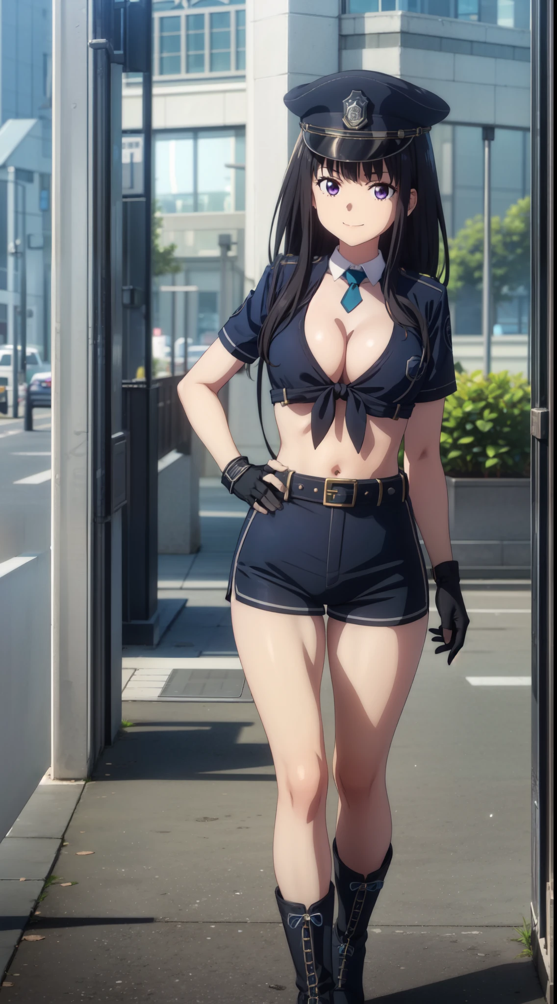 (((pixel perfect, detail perfect))), alone, 1 girl, Chisato Nishikigi, looking at the viewer, smile, Upper body、black police peaked cap, Police, cleavage, Midriffs, white shirt, front-tie top, purple eyes, long hair, Black High-waist shorts, (blue belt:1.2), black fingerless gloves, black boots,emerald tie,medium beasts,gravure pose,full body,
