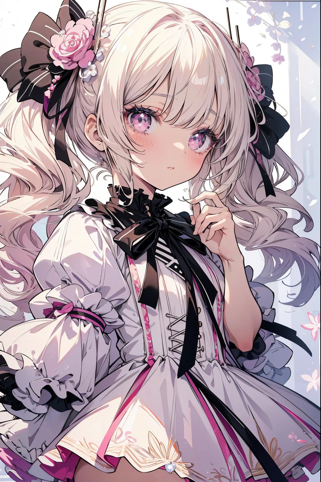 highest quality, masterpiece, long eyelashes, Sparkly eyes, Fluffy mini skirt, Fluffy curly hair, twin tails, platinum blonde hair, ribbon, flower, 舞い散るflowerびら, cute, pink color,