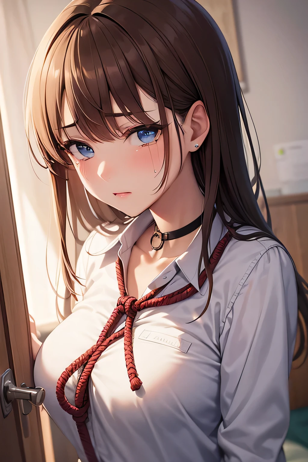 ((best quality)), ((masterpiece)), (detailed), Female, (rope around neck), young, fair skin, blue eyes, School uniform, depressed, crying, sad, bedroom