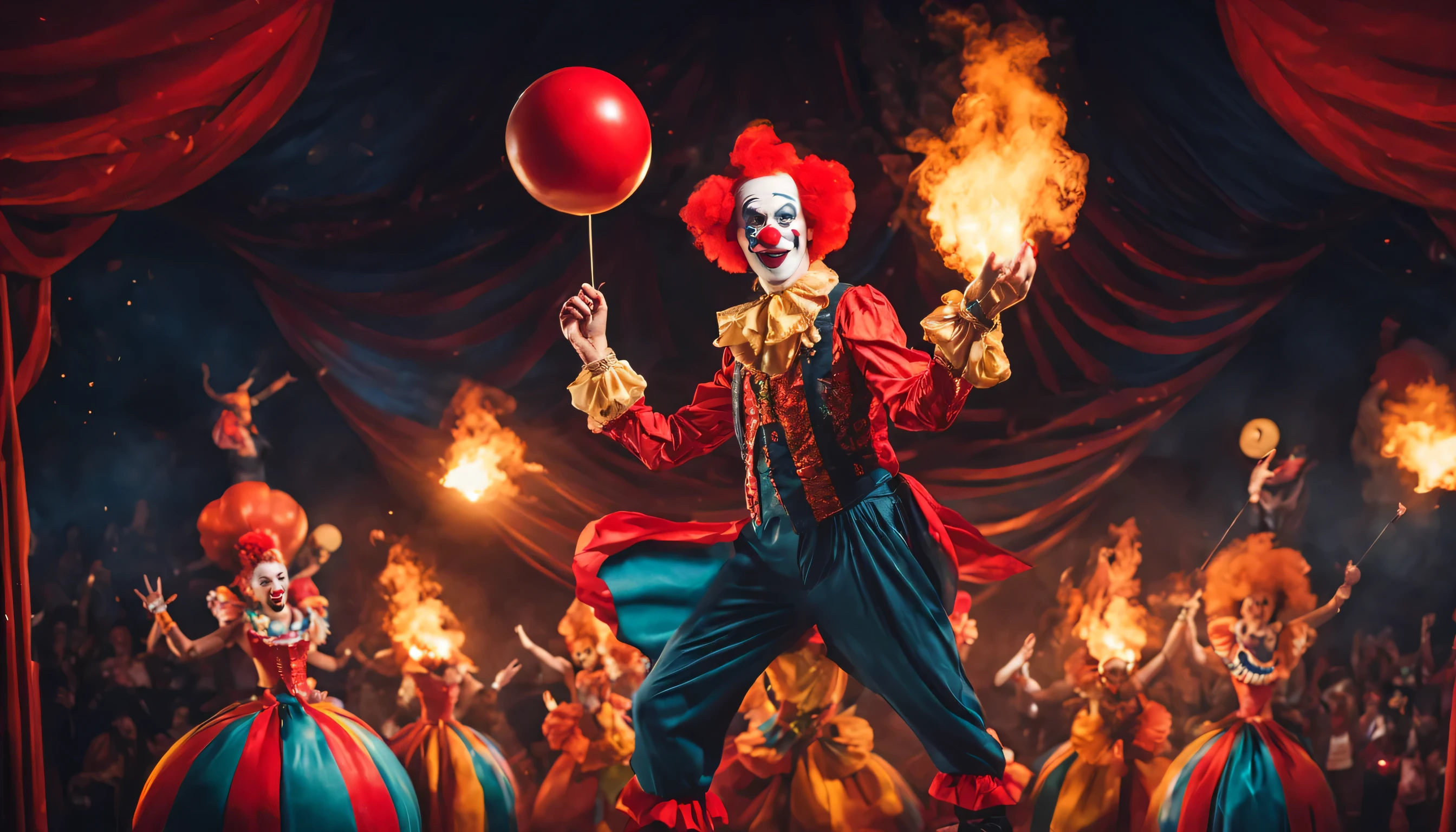 Circus troupe with clowns juggling　genuine　night　Spooky　clown that breathes fire