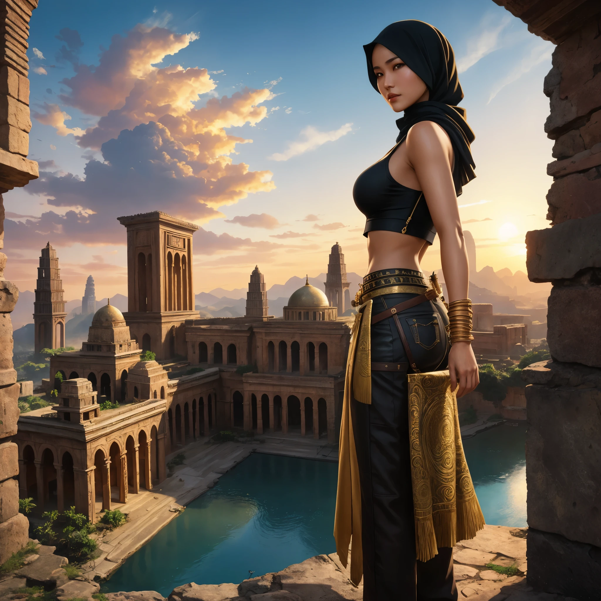 pants contrast sharply with the golden ruins behind her, highlighting the vibrant textures and intricate patterns of her outfit. The detailed folds of her hijab and the ripples of her skirt add a sense of movement and dynamism to the scene. This hyperrealistic, high-resolution masterpiece, rendered in 8k, captivates the viewer's attention with its lifelike presentation of both the Malaysian Lara Croft and the ancient Gold City setting.

Artists such as Hajime Sorayama, Moebius, and Yoshitaka Amano, known for their stunning photorealistic artwork, have inspired this illustration. The dramatic sunset casting long
