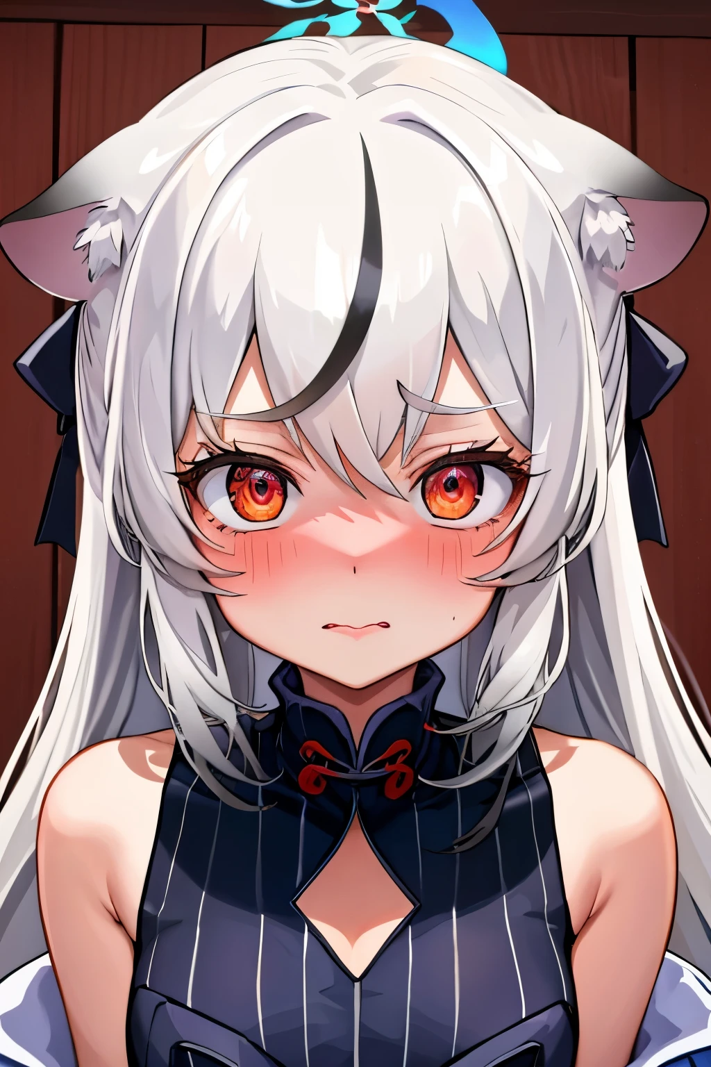 1girl, kokona, indoors, orange eyes, white hair, :3 mouth, embarrassed, beautiful eyes, beautiful lips, shiny lips, extremely detailed eyes and face, long eyelashes, close-up, warm lighting, vibrant colors, looking at the viewer, embarrassed look, blush, Winter suit, winter wonder