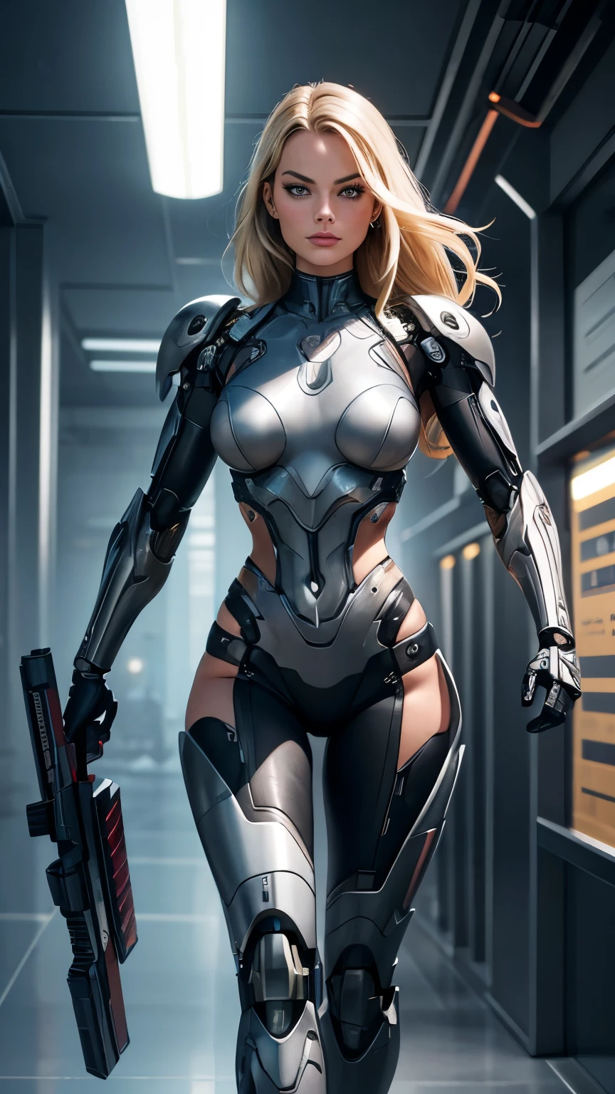 Margot Robbie, textured skin, high details, hard drive, beautiful, (cyborgs), cyborg, Cyborg Mecha Girl, Battle Mode, carries a battle cyborg robot with a weapon, athletic body, cybernetic body parts, full body shot