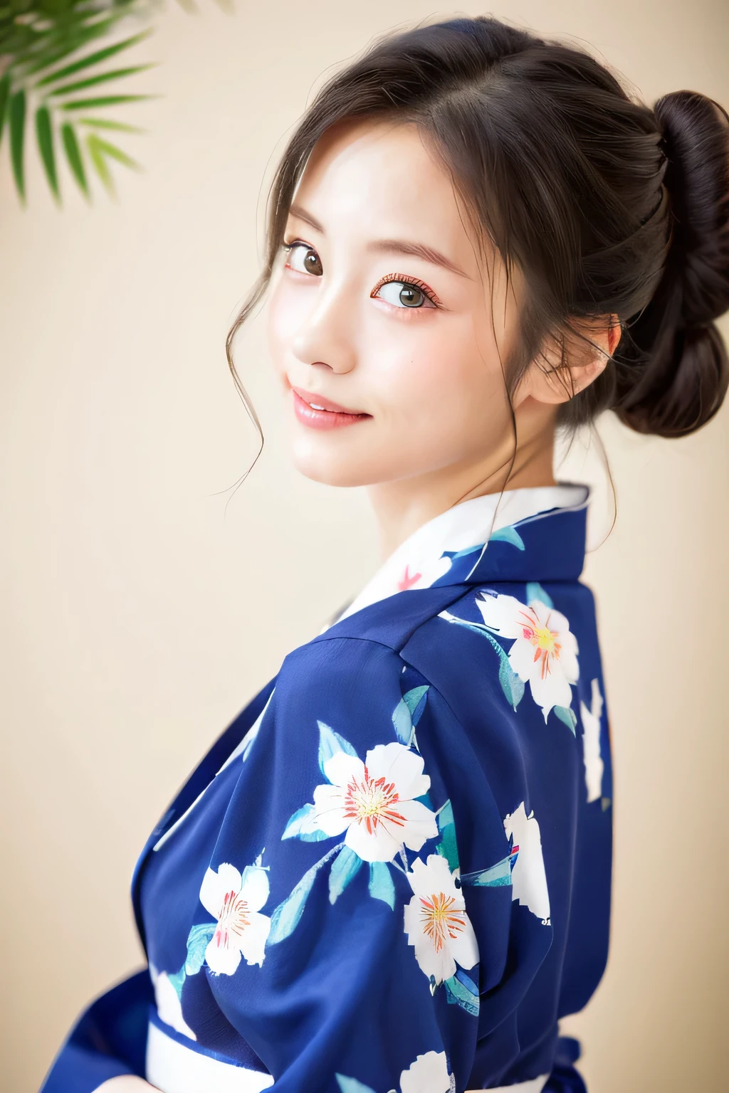 ((masterpiece、highest quality、super fine、High resolution))、alone、beautiful girl、shining eyes、perfect eyes、Japan's beautiful sister、bun hair、Yukata with white floral pattern、Festive background、High level image quality、4K.