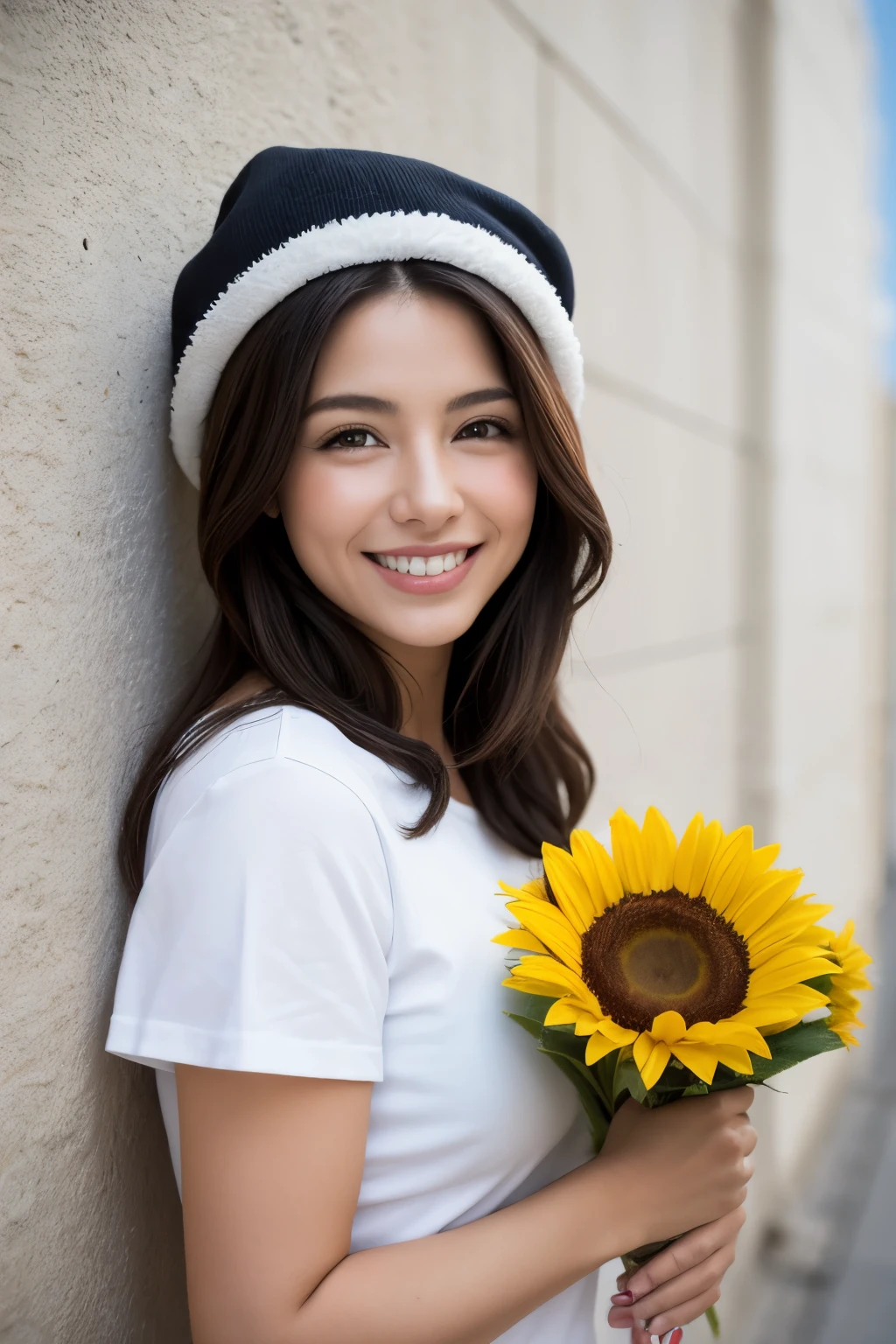 mujer bonita con gorro con flores, tez blanca, sonriendo, fondo de palacio, pared blanco y dorado
