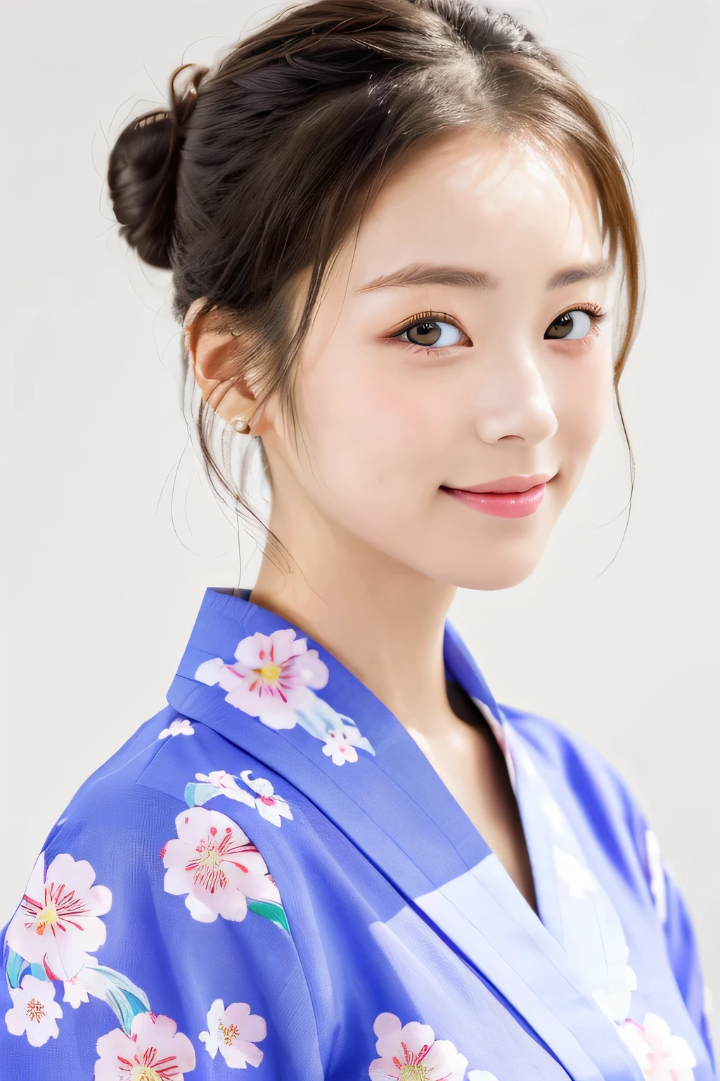 ((masterpiece、highest quality、super fine、High resolution))、alone、beautiful girl、shining eyes、perfect eyes、Japan's beautiful sister、bun hair、Yukata with white floral pattern、Festive background、High level image quality、4K.