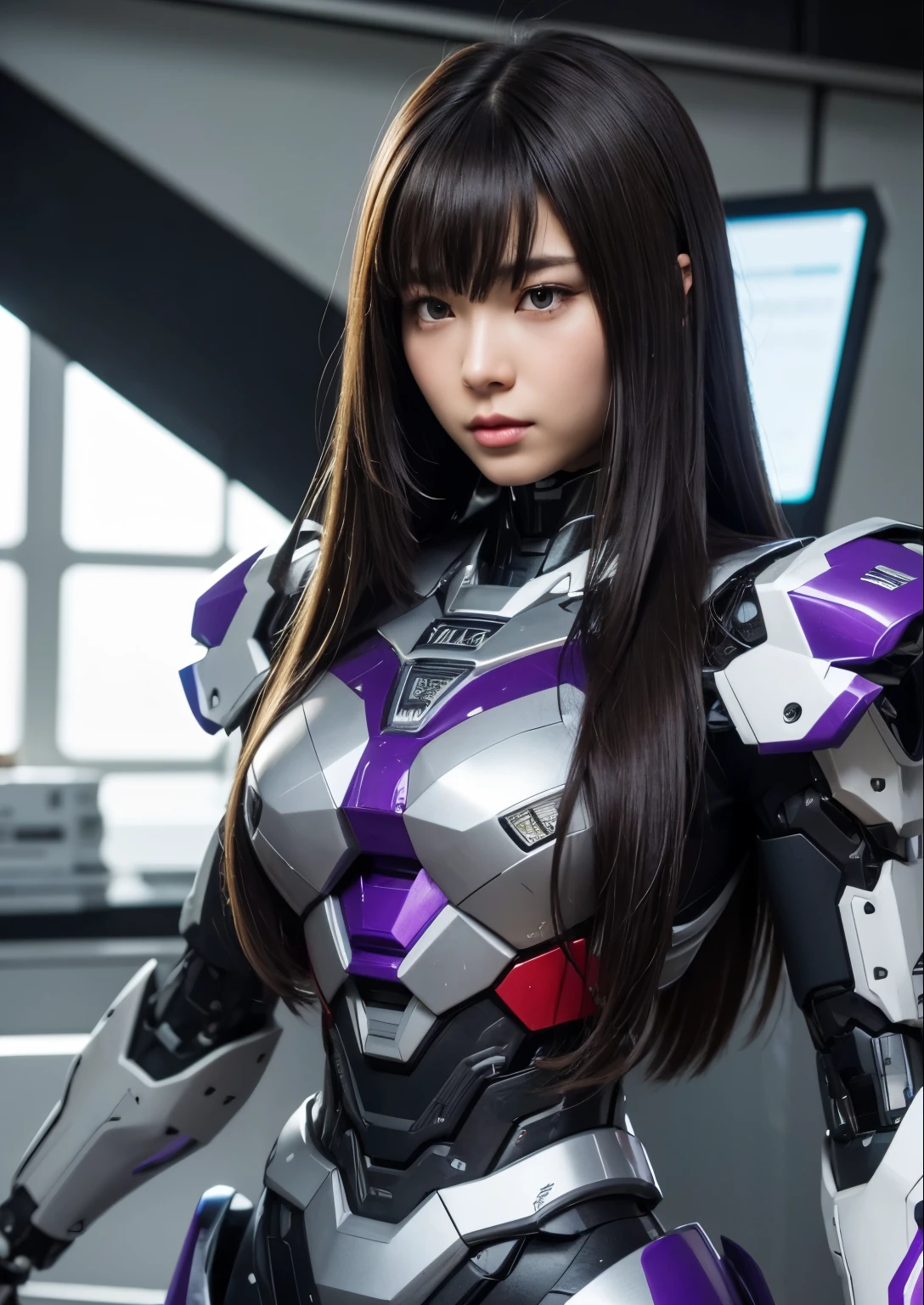 Textured skin, Super Detail, high details, High quality, Best Quality, hight resolution, 1080p, hard disk, Beautiful,(War Machine),beautiful cyborg woman,Mecha Cyborg Girl very very very long hair brown or black very silky rapunzel, Battle Mode,Girl with a Mecha Body,She wears a futuristic war machine weapon mech,Fulll body Shot, purple