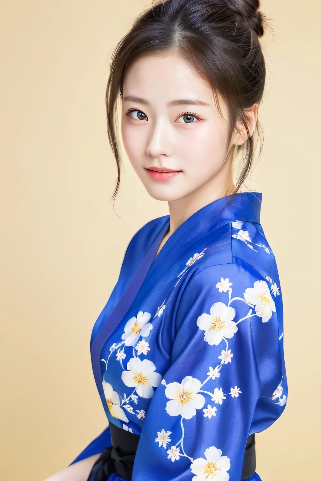 ((masterpiece、highest quality、super fine、High resolution))、alone、beautiful girl、shining eyes、perfect eyes、Japan's beautiful sister、bun hair、Yukata with white floral pattern、Festive background、High level image quality、4K.