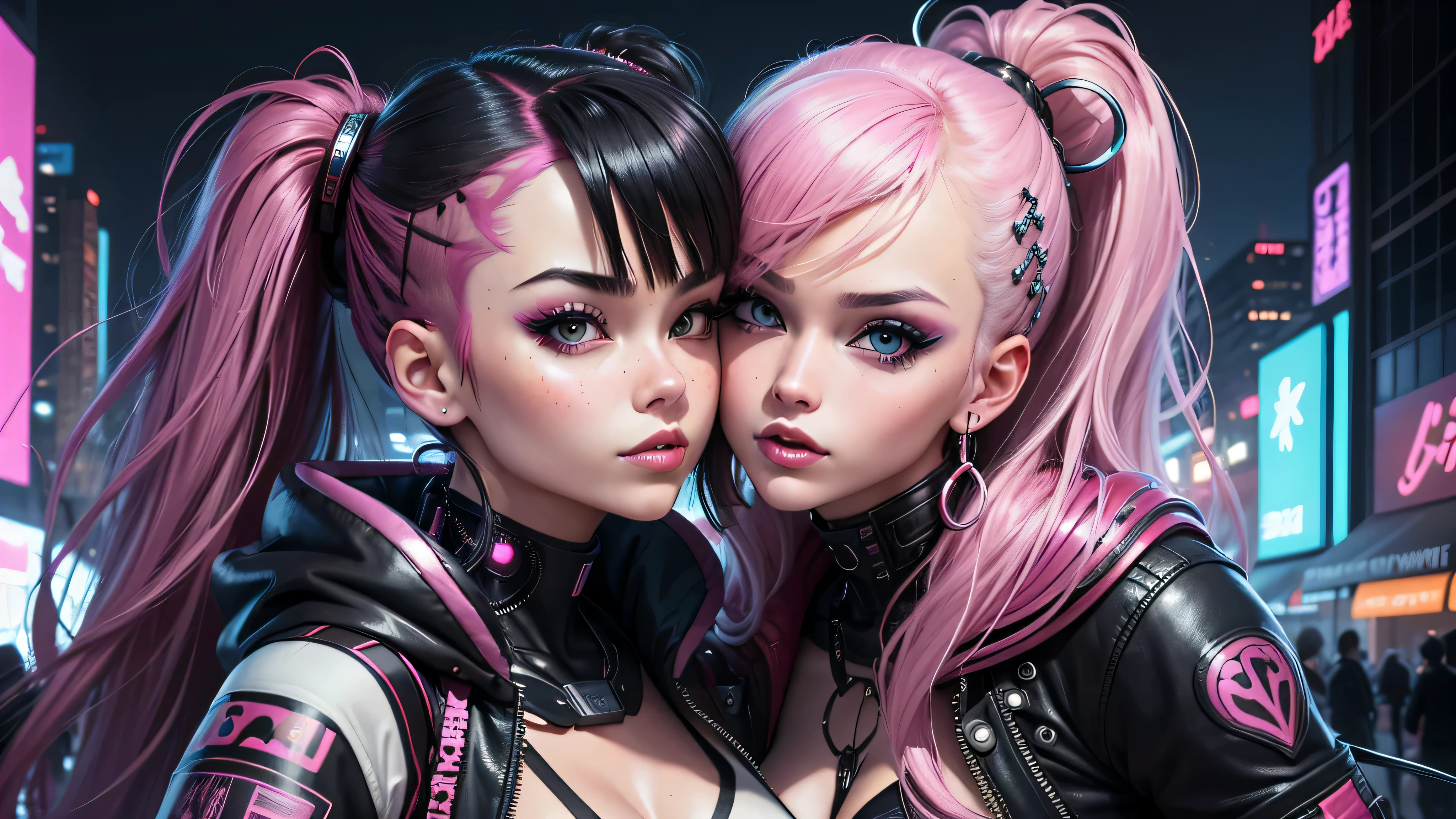 masterpiece, highest quality, 2 ((kiss)) Cyberpunk girls standing together taking selfie portrait, Harajuku style cyberpunk clothes, Bold colors and patterns, eye-catching accessories, Trendy and innovative hairstyles, Dazzling cyberpunk cityscape, Skyscraper, glowing neon sign, led lights, anime illustration, Fine skin texture, fine cloth texture, beautiful detailed face, intricate details, Super detailed, cinematic lighting, strong contrast.