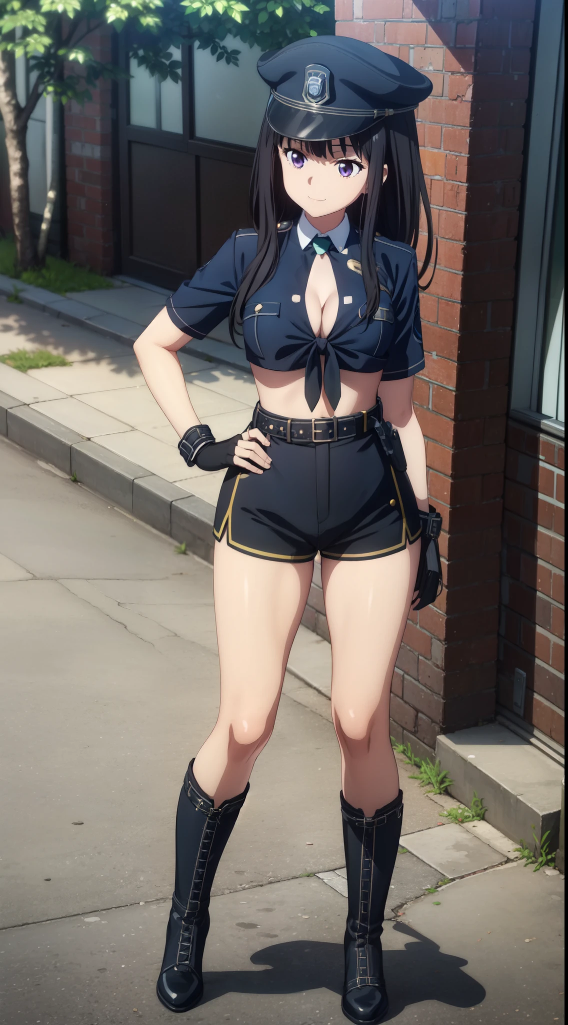 (((pixel perfect, detail perfect))), alone, 1 girl, Chisato Nishikigi, looking at the viewer, smile, Upper body、black police peaked cap, Police, cleavage, Midriffs, white shirt, front-tie top, purple eyes, long hair, Black High-waist shorts, (blue belt:1.2), black fingerless gloves, black boots(,emerald tie),medium beasts,gravure pose,full body,