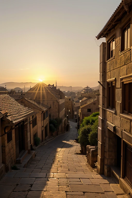 Ancient city reminiscent of historical Jordan, bathed in the warm, golden light of an early morning sunrise. The city's architecture showcases time-worn stone structures, narrow alleyways, and iconic facades carved directly into the sandstone cliffs. The streets are empty, conveying a sense of timeless peace. The sun, just peeking over the horizon, casts long shadows and highlights the intricate details of the ancient buildings.