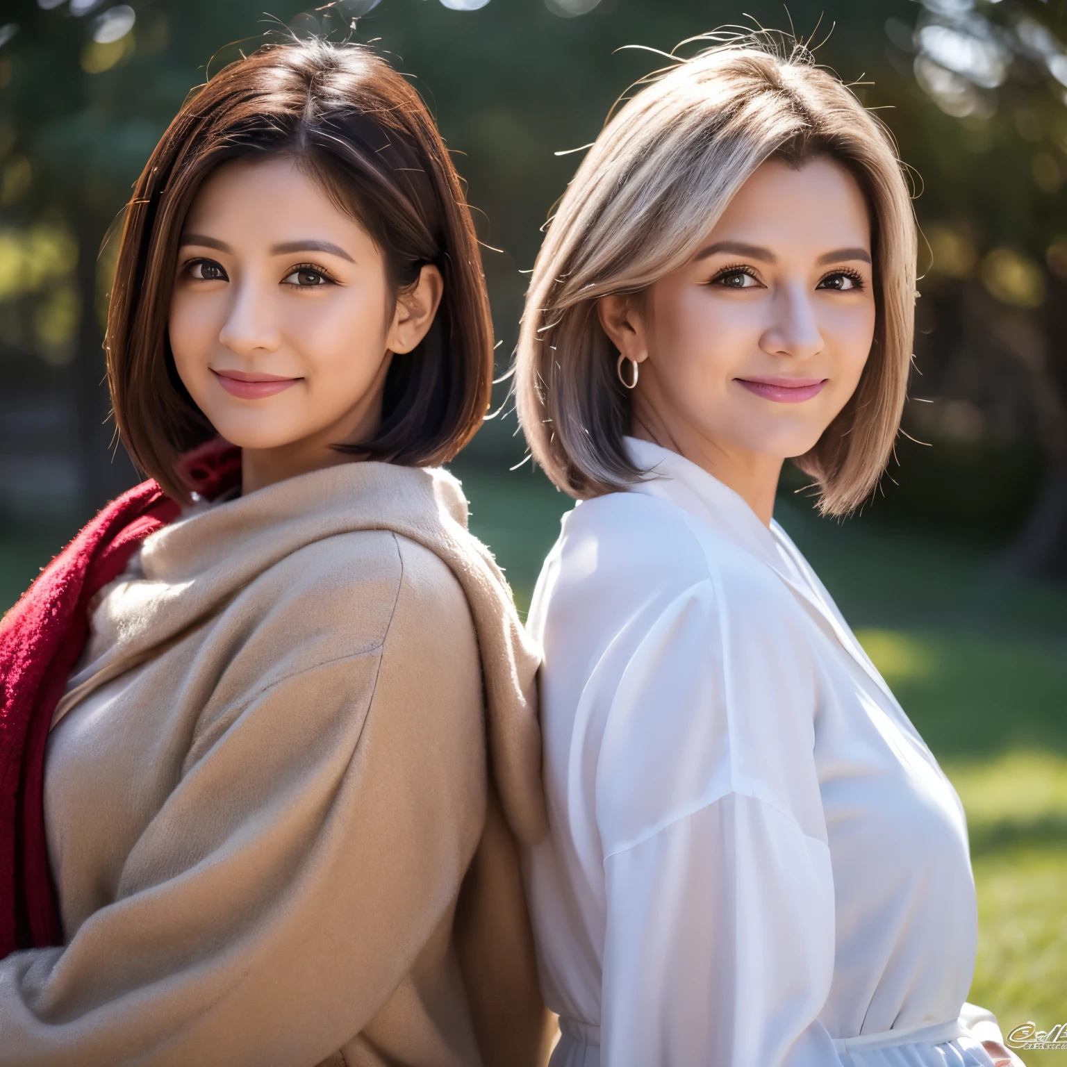 best image quality, masterpiece level, ultra high resolution, realism, fantasy theme, weapons, facial details, middle-aged women, single, short hair,  Upper body,  Get detailed outdoor lighting and movie lighting, Increase detailed overall ambient light, face and eye details, improve the realism of body details, clearly express sharp focus, smile， white clothes, Silver hair, bright eyes, simple background.