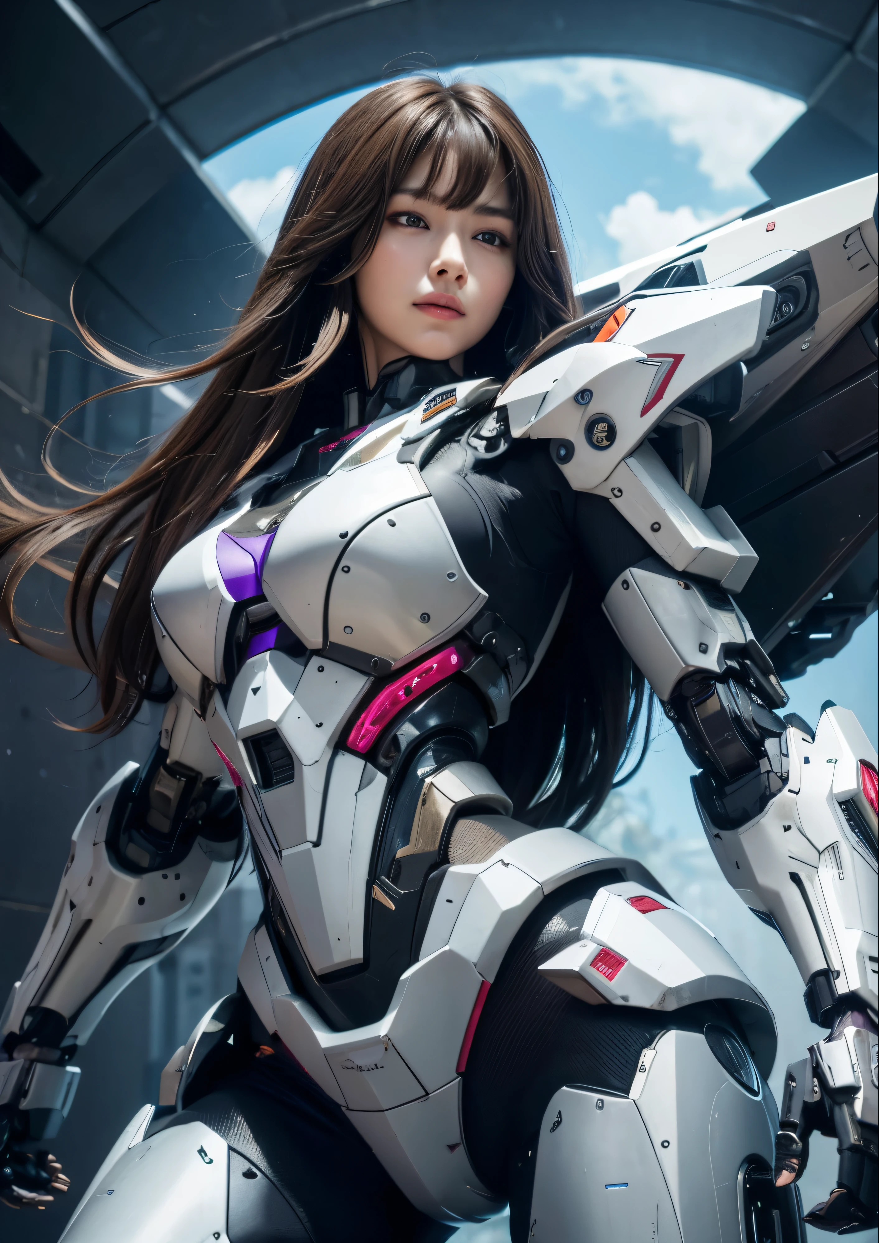 Textured skin, Super Detail, high details, High quality, Best Quality, hight resolution, 1080p, hard disk, Beautiful,(War Machine),beautiful cyborg woman,Mecha Cyborg Girl very very very long hair brown or black very silky rapunzel, Battle Mode,Girl with a Mecha Body,She wears a futuristic war machine weapon mech,Fulll body Shot, purple