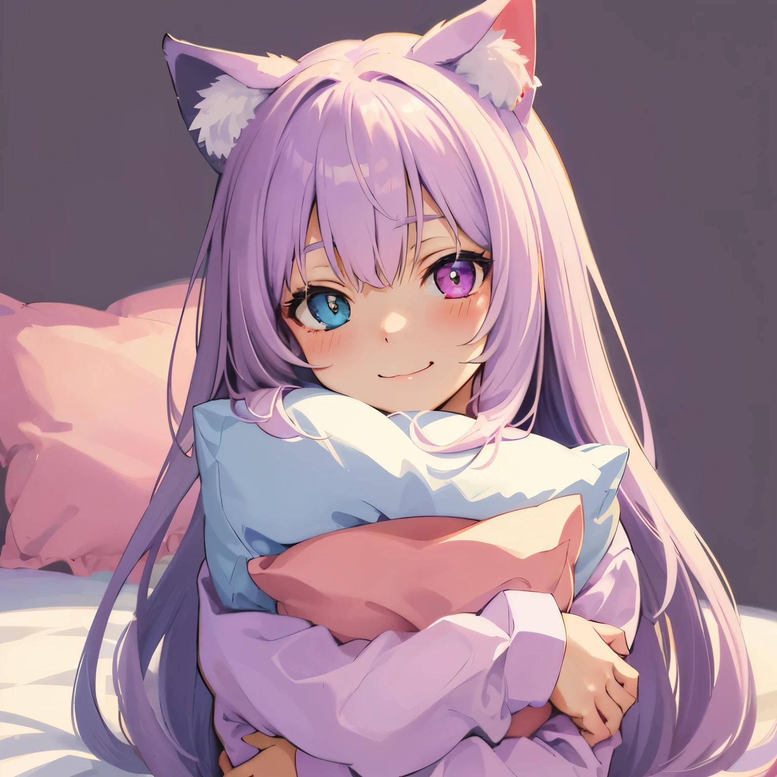 close-up portrait of ((solo catgirl)) hugging a pillow, light violet hair, nekomimi, simple plain background, innocent smile, pajamas, masterpiece, heterochromia, polychromia