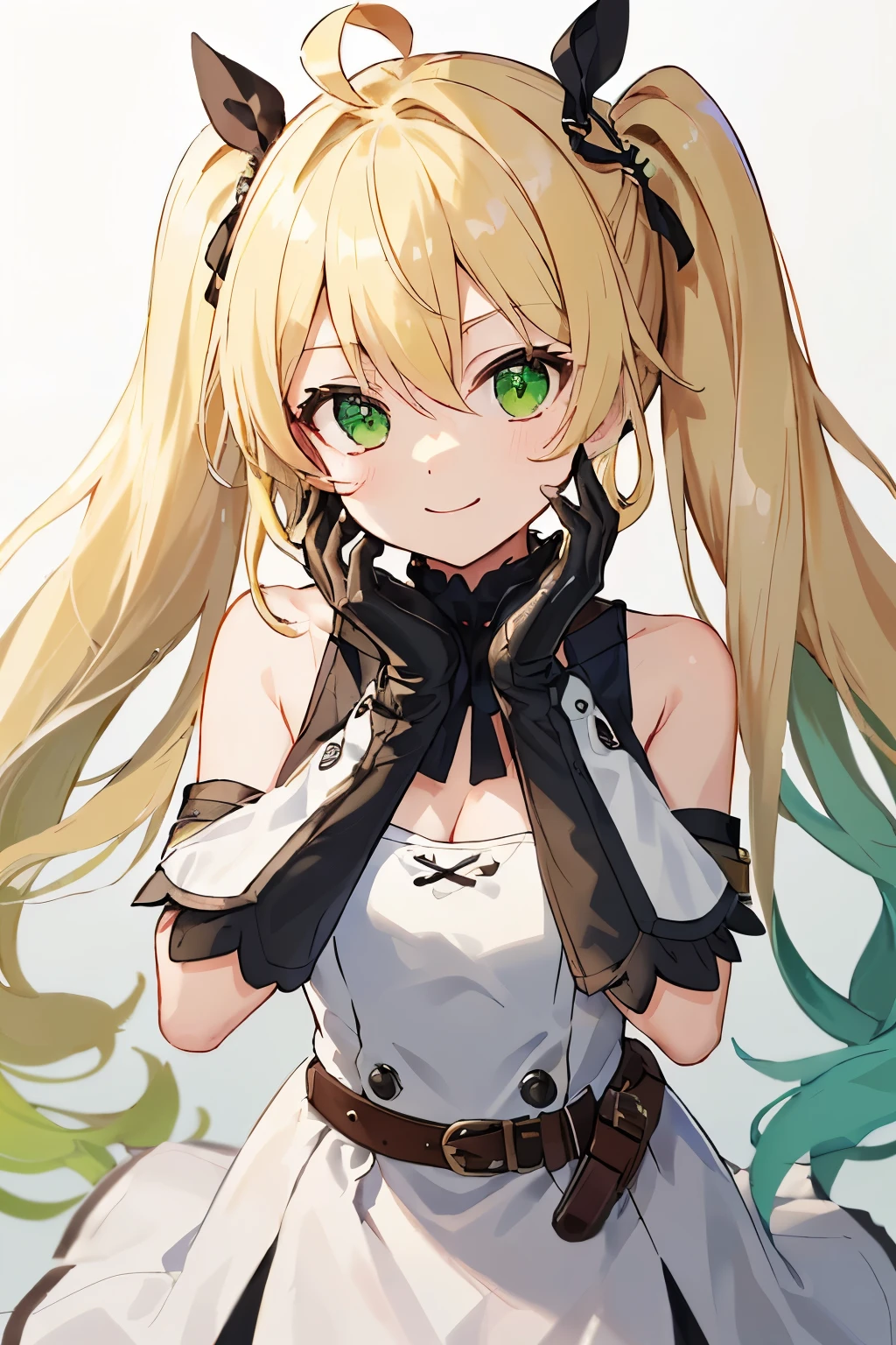 (NSFW:1.2)(best quality, masterpiece, highres,e:1.2)(kawaii)(Beautiful face)(:1.4 ), ((Blonde hair:1.4),Wavy hair, Hair Between Eyes, ((low twintails:1.4)), Braids , side locks, Ahoge, flipped hair ),(Green eyes:1.2) ,Steampunk, (London street fashion:1.1)engineer,(white sleeveless sundress:1.4), Belt, Bracelet , (Leather gloves:1.4)(tighstrap)(Looking up:1.2) ,Cowboy Shot,(Dynamic Angle, (close to viewer:1.2), Focus Face, fish-eye lens,(white back)),(hands on own face),light smile, long green hair