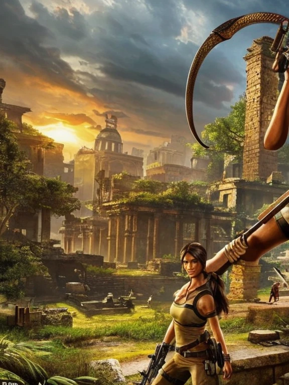 (a beautiful detailed illustration of) a sexy extremely busty Malaysian Lara Croft wearing a hijab and a sexy explorer outfit, investigating an ancient Gold City at sunset, with a panoramic view of the city in the background. The city is adorned with intricate gold architecture, towering buildings, and winding streets. The setting sun casts a warm golden glow over the scene, creating a mesmerizing atmosphere. The focus is on Lara Croft, showing her from head to toe. She has captivating eyes that are sharp and filled with determination. Her lips are perfectly defined, adding a touch of sensuality to her appearance. Her face is flawlessly detailed, with every contour and expression expertly rendered. Her eyes are accentuated with long eyelashes that flutter with every movement. Lara Croft is wearing a hijab, symbolizing her cultural heritage and adding a unique element to her character. Her explorer outfit is fashionable and functional, consisting of a form-fitting top, cargo pants with plenty of pockets, and sturdy boots suitable for rugged terrains. As Lara explores the ancient Gold City, she encounters giant snakes slithering through the ruins. These serpents are magnificent in size, winding their way through the crumbling structures, adding an element of danger and adventure to the scene. Their scales are depicted with incredible detail, shimmering in various shades of gold and copper in the sunset light. The overall image quality is of the highest standard, with ultra-detailed artwork that captures every intricate detail of Lara, the Gold City, and the giant snakes. The rendering is photorealistic, bringing the scene to life with vivid colors and a sharp focus. The lighting is designed to create a dramatic atmosphere, showcasing the beauty and mystery of Lara's exploration.