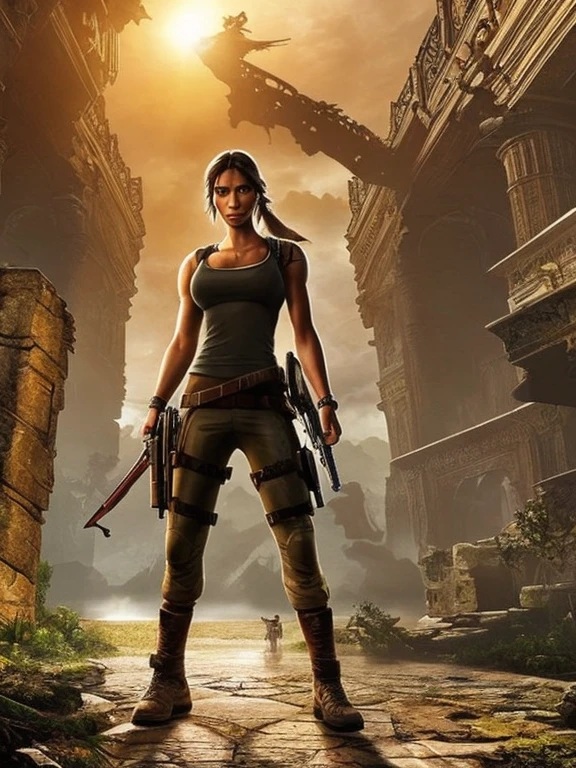 (a beautiful detailed illustration of) a sexy extremely busty Malaysian Lara Croft wearing a hijab and a sexy explorer outfit, investigating an ancient Gold City at sunset, with a panoramic view of the city in the background. The city is adorned with intricate gold architecture, towering buildings, and winding streets. The setting sun casts a warm golden glow over the scene, creating a mesmerizing atmosphere. The focus is on Lara Croft, showing her from head to toe. She has captivating eyes that are sharp and filled with determination. Her lips are perfectly defined, adding a touch of sensuality to her appearance. Her face is flawlessly detailed, with every contour and expression expertly rendered. Her eyes are accentuated with long eyelashes that flutter with every movement. Lara Croft is wearing a hijab, symbolizing her cultural heritage and adding a unique element to her character. Her explorer outfit is fashionable and functional, consisting of a form-fitting top, cargo pants with plenty of pockets, and sturdy boots suitable for rugged terrains. As Lara explores the ancient Gold City, she encounters giant snakes slithering through the ruins. These serpents are magnificent in size, winding their way through the crumbling structures, adding an element of danger and adventure to the scene. Their scales are depicted with incredible detail, shimmering in various shades of gold and copper in the sunset light. The overall image quality is of the highest standard, with ultra-detailed artwork that captures every intricate detail of Lara, the Gold City, and the giant snakes. The rendering is photorealistic, bringing the scene to life with vivid colors and a sharp focus. The lighting is designed to create a dramatic atmosphere, showcasing the beauty and mystery of Lara's exploration.