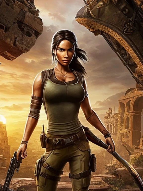 (a beautiful detailed illustration of) a sexy extremely busty Malaysian Lara Croft wearing a hijab and a sexy explorer outfit, investigating an ancient Gold City at sunset, with a panoramic view of the city in the background. The city is adorned with intricate gold architecture, towering buildings, and winding streets. The setting sun casts a warm golden glow over the scene, creating a mesmerizing atmosphere. The focus is on Lara Croft, showing her from head to toe. She has captivating eyes that are sharp and filled with determination. Her lips are perfectly defined, adding a touch of sensuality to her appearance. Her face is flawlessly detailed, with every contour and expression expertly rendered. Her eyes are accentuated with long eyelashes that flutter with every movement. Lara Croft is wearing a hijab, symbolizing her cultural heritage and adding a unique element to her character. Her explorer outfit is fashionable and functional, consisting of a form-fitting top, cargo pants with plenty of pockets, and sturdy boots suitable for rugged terrains. As Lara explores the ancient Gold City, she encounters giant snakes slithering through the ruins. These serpents are magnificent in size, winding their way through the crumbling structures, adding an element of danger and adventure to the scene. Their scales are depicted with incredible detail, shimmering in various shades of gold and copper in the sunset light. The overall image quality is of the highest standard, with ultra-detailed artwork that captures every intricate detail of Lara, the Gold City, and the giant snakes. The rendering is photorealistic, bringing the scene to life with vivid colors and a sharp focus. The lighting is designed to create a dramatic atmosphere, showcasing the beauty and mystery of Lara's exploration.