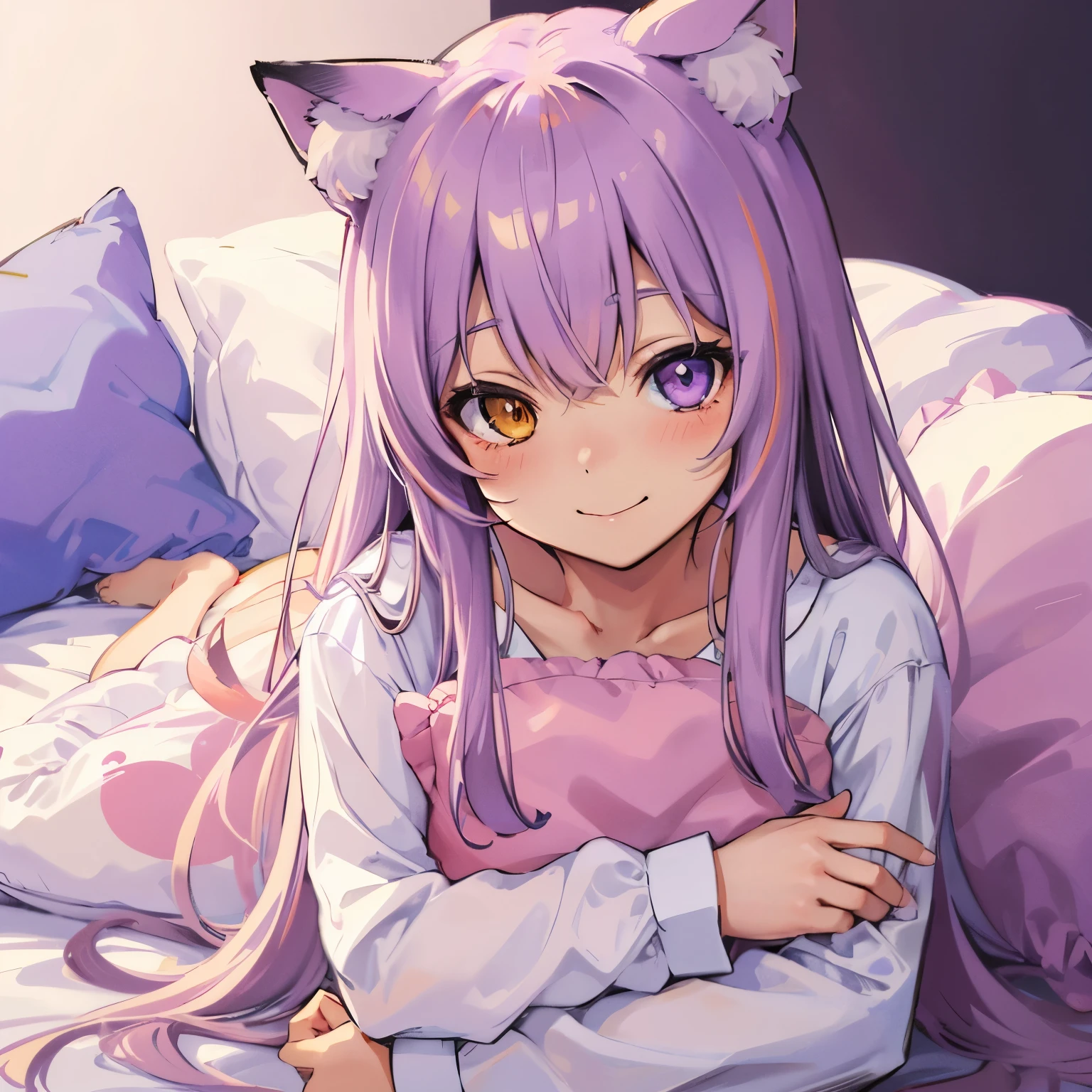 close-up portrait of ((solo catgirl)) hugging a pillow, light violet hair, nekomimi, simple plain background, innocent smile, pajamas, masterpiece, heterochromia, polychromia