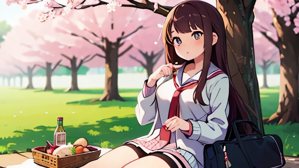A high school girl having a picnic under the cherry blossoms
