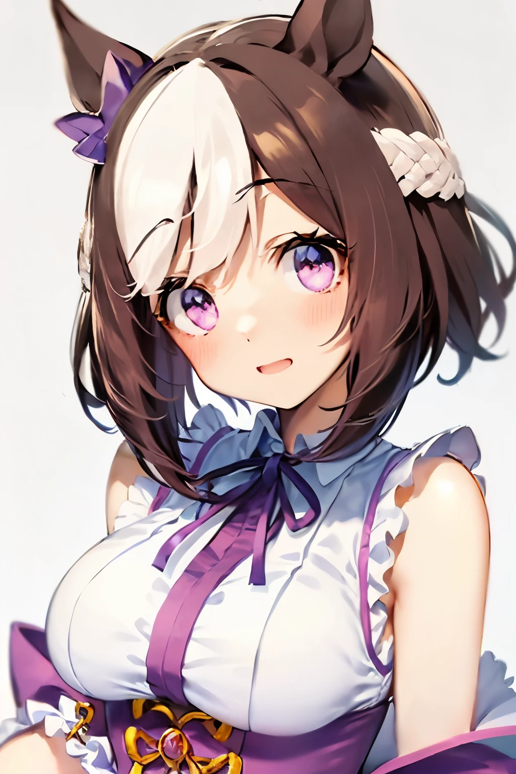 special_week_\(Umamusume)、bow ribbon、bow ribbon、bow ribbon、corsets、Fluffy breasts、nursing、toppless、teats、The upper part of the body、(Refers to the viewer:1.3)、Happiness、(White background:1.5)、(front-facing view:1.3)