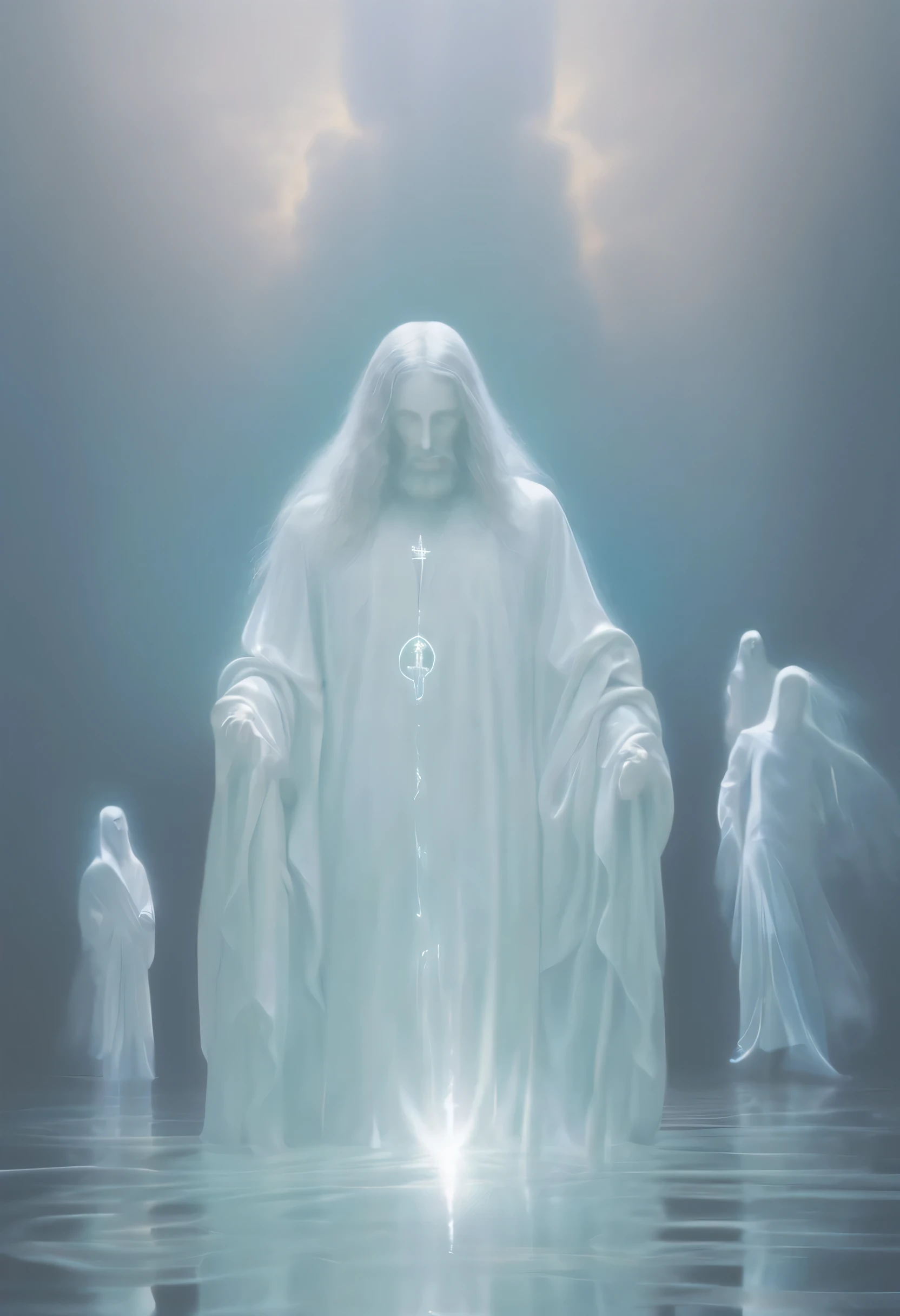 Jesus Christ next album cover, Ethereal style, ghostly figure, site-specific artwork, dystopian cartoon, Reflection and mirroring, carved, charming, Fantastic creatures