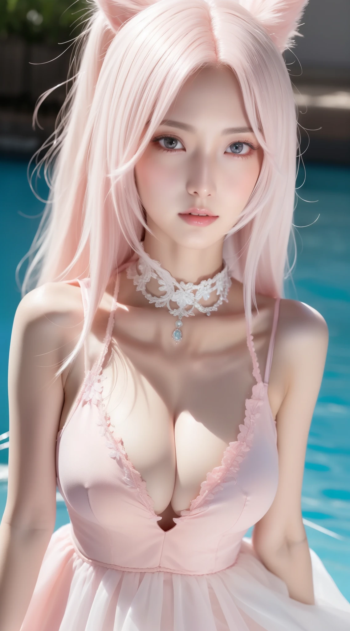 Beautiful woman with perfect body:1.4,layered hairstyle,Protruding cleavage,Pink 2D costume:1.5,Highly detailed facial and skin textures,double eyelids,whiten skin,long white hair,play with water,collar
