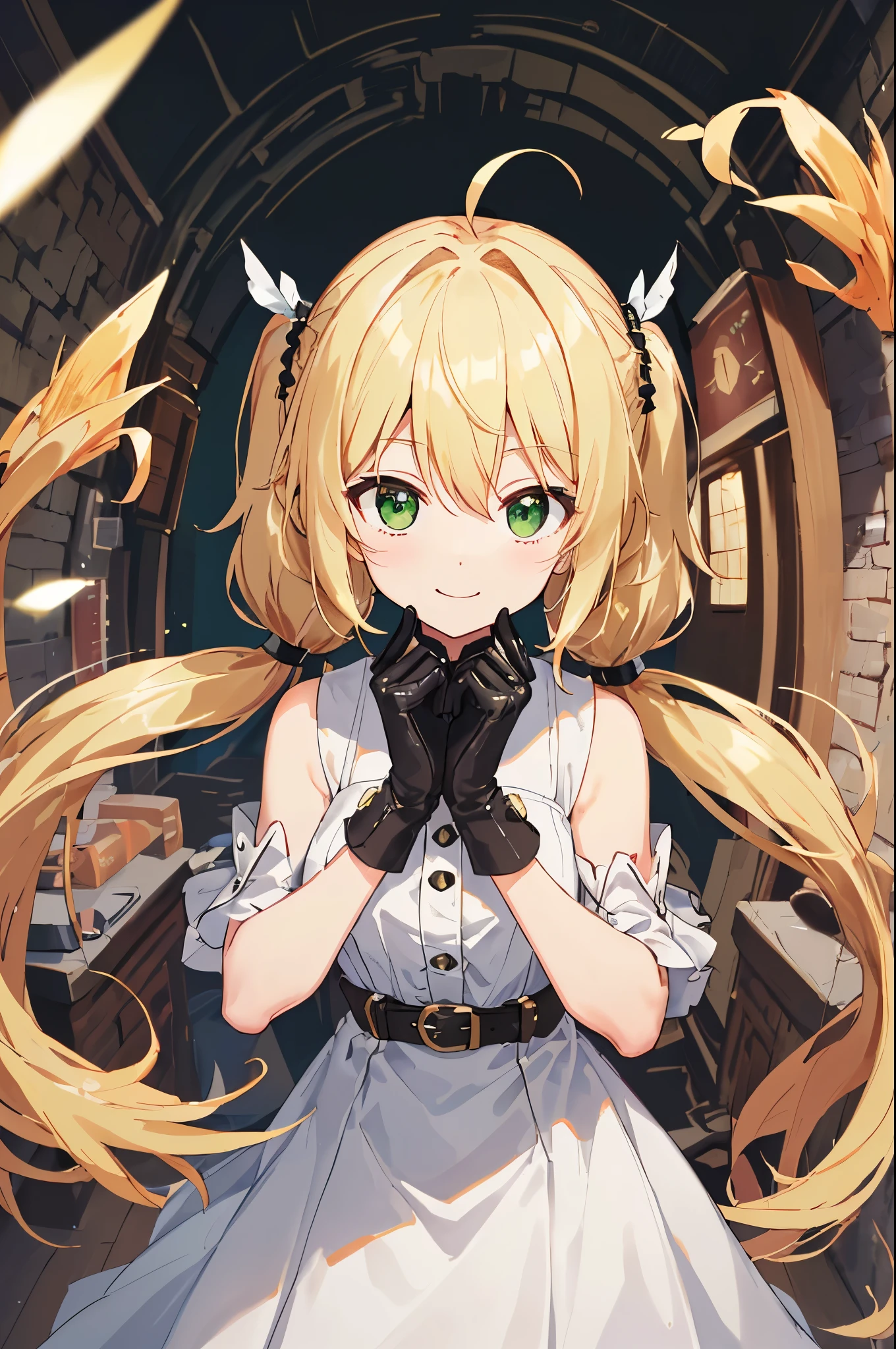 (NSFW:1.2)(best quality, masterpiece, highres,e:1.2)(kawaii)(Beautiful face)(:1.4 ), ((Blonde hair:1.4),Wavy hair, Hair Between Eyes, ((low twintails:1.4)), Braids , side locks, Ahoge, flipped hair ),(Green eyes:1.2) ,Steampunk, (London street fashion:1.1)engineer,(white sleeveless sundress:1.4), Belt, Bracelet , (Leather gloves:1.4)(tighstrap)(Looking up:1.2) ,Cowboy Shot,(Dynamic Angle, (close to viewer:1.2), Focus Face, fish-eye lens,(white back)),(hands on own face),light smile