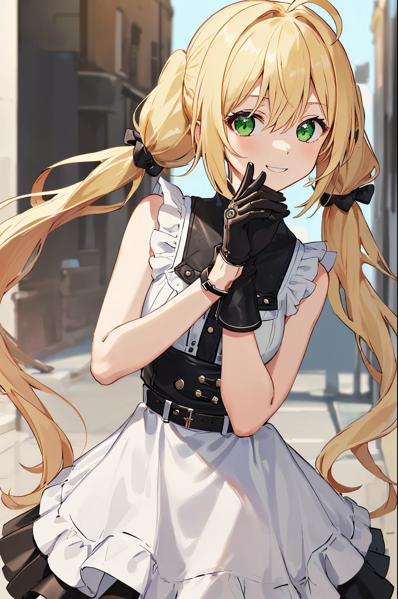 (NSFW:1.2)(best quality, masterpiece, highres,e:1.2)(kawaii)(Beautiful face)(:1.4 ), ((Blonde hair:1.4),Wavy hair, Hair Between Eyes, ((low twintails:1.4)), Braids , side locks, Ahoge, flipped hair ),(Green eyes:1.2) ,Steampunk, (London street fashion:1.1)engineer,(white sleeveless sundress:1.4), Belt, Bracelet , (Leather gloves:1.4)(tighstrap)(Looking up:1.2) ,Cowboy Shot,(Dynamic Angle, (close to viewer:1.2), Focus Face, fish-eye lens,(white back)),(hands on own face),light smile