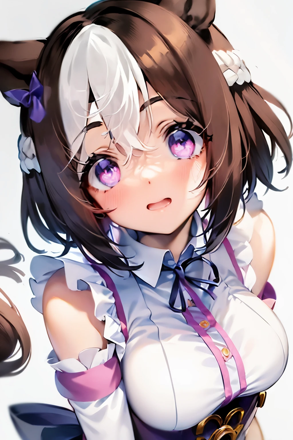 special_week_\(Umamusume)、bow ribbon、bow ribbon、bow ribbon、corsets、Fluffy breasts、nursing、toppless、teats、The upper part of the body、(Refers to the viewer:1.3)、Happiness、(White background:1.5)、(front-facing view:1.3)