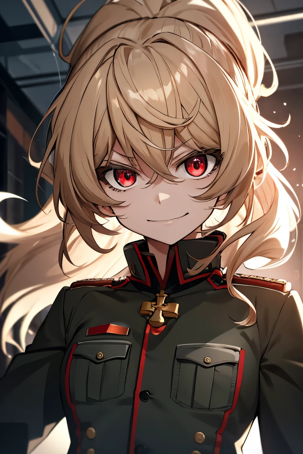 (masterpiece, best quality: 1.1), 1girl solo, tanya, 1girl, solo, , flat chest, small breasts, curvy, military, military uniform, ,, evil smile, wicked expression, anger, red eyes, neutral lighting