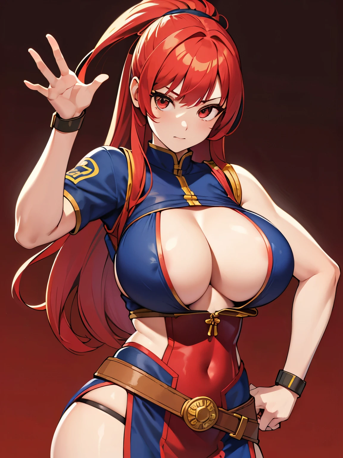 sider gwen girl red head warrior 1 chica, Solo, Tsurime, reír, boca grande, pose dinámica, (((big tits))) ((( empty background)))