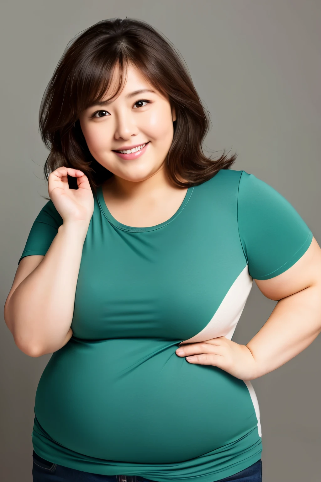whole body,mature attractive woman,beautiful woman,like々New,30 years old,Japanese,Plain T-shirt,Chubby,obesity,fat,the face is round,A sloppy smile,masterpiece,highest quality,simple background