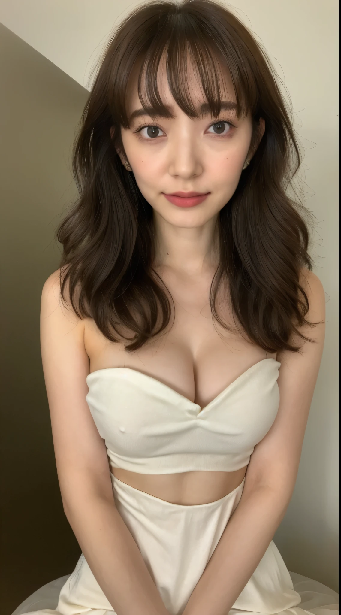 ((highest quality, 8K, masterpiece: 1.3)), sharp: 1.2, perfect body beauty: 1.4, thin abs: 1.2, ((layered hairstyles, big breasts: 1.2)), (bandeau dress white: 1.1 ), street: 1.2, Highly detailed face and skin texture, fine eyes, double eyelid, long brown hair, Light dresses, hands behind, squat, A little revealing panties, reveal cleavage.